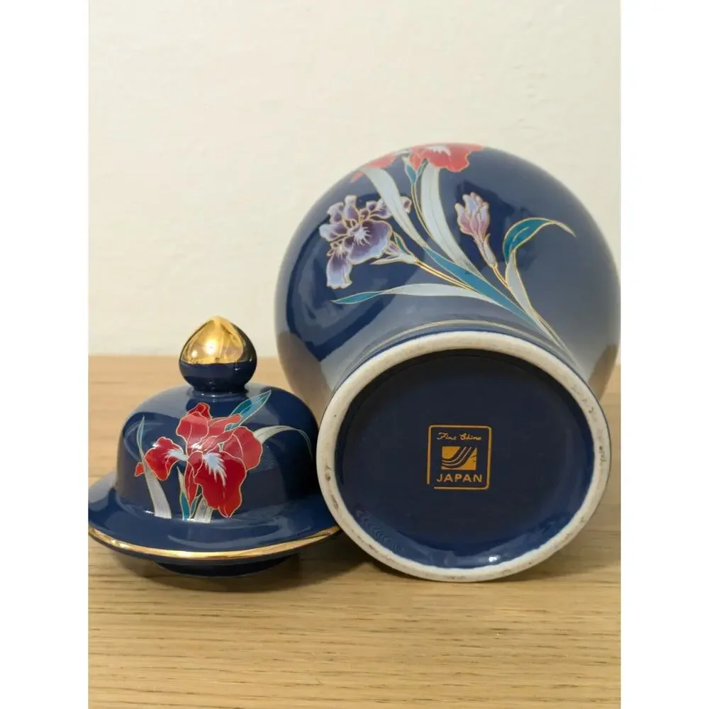 Vintage Japan Vase with Lid Floral Blue &‎ Gold Porcelain Fine China Decor